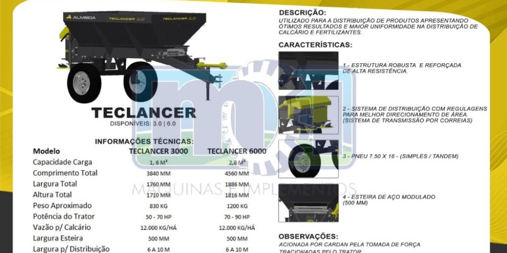 Distribuidor de Calcário e Fertilizantes TECLANCER 3.0 e TECLANCER 6.0
